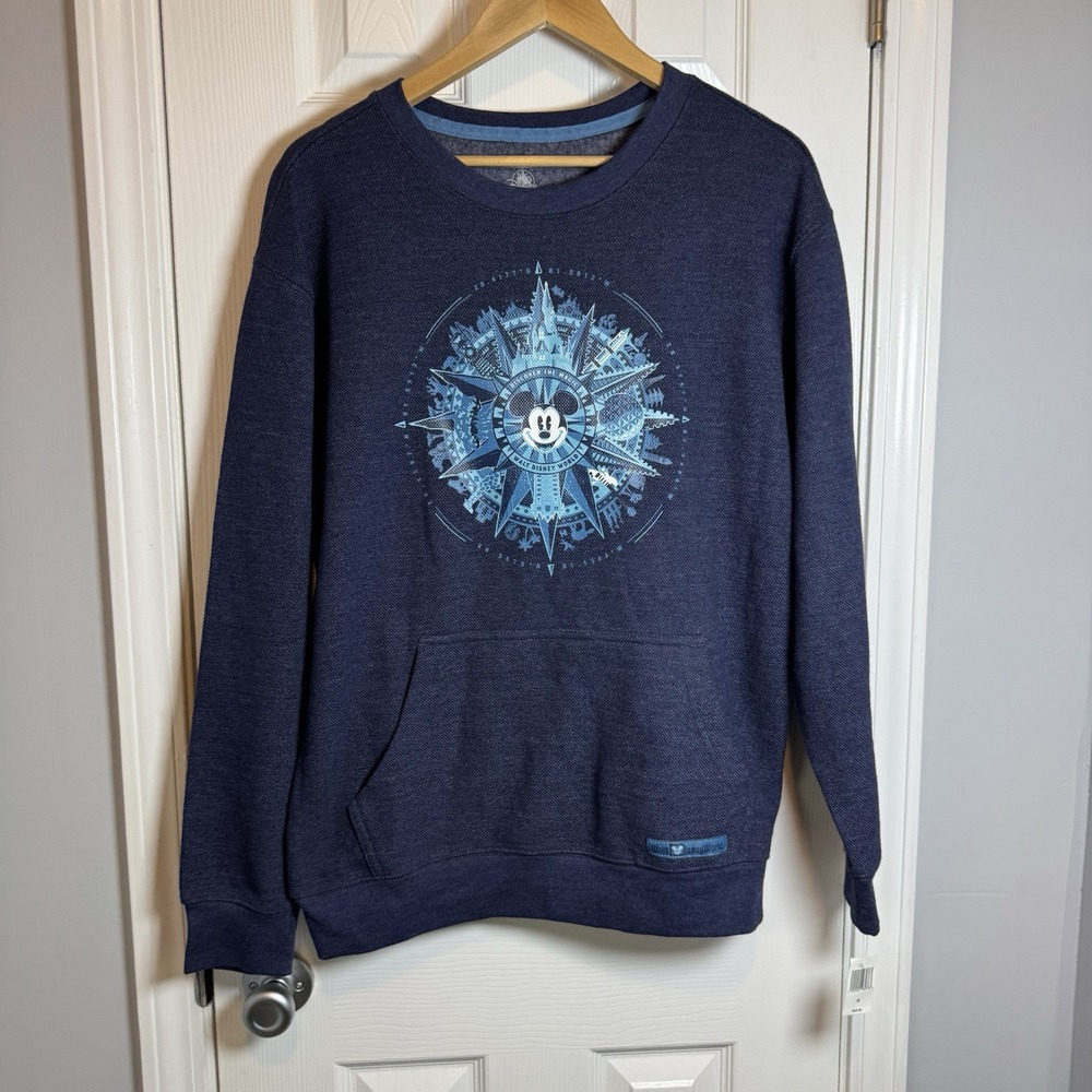 Disney Parks WDW Mickey Lat/Long Men's Pullover Pocket Sweatshirt Med Blue NWT‎